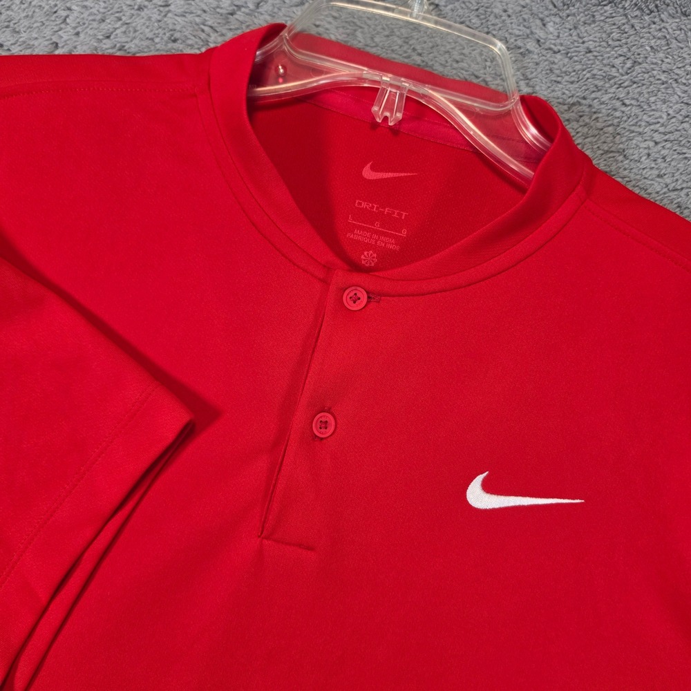 Nike Blade Collar Polo Mens Large Red Dri-FIT Short Sleeve Swoosh Sporty Henley
